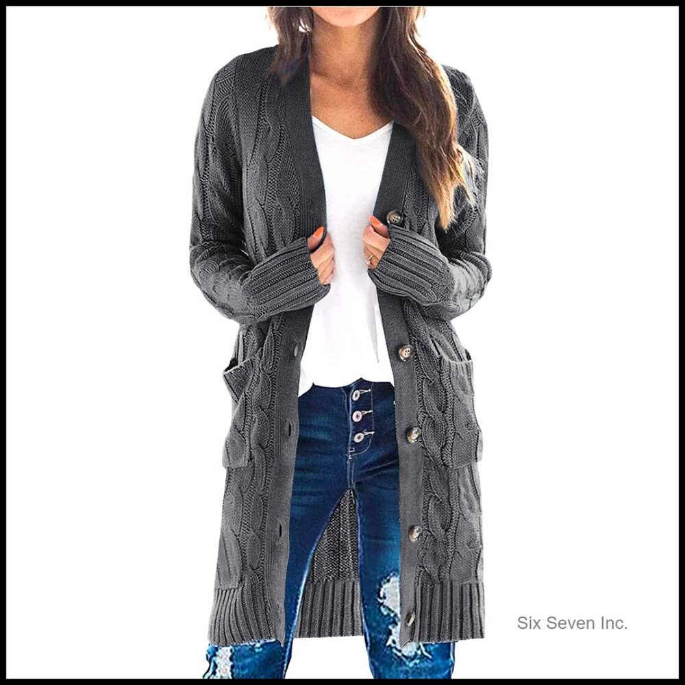 Chunky Cable Knit Long Cardigan Open Front Button Sweater with Pockets